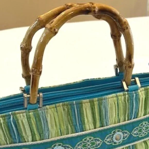 BRACIANO | Vintage Green & Blue Small Tote Purse Bag w/Round Mirror inserts - Picture 2 of 11